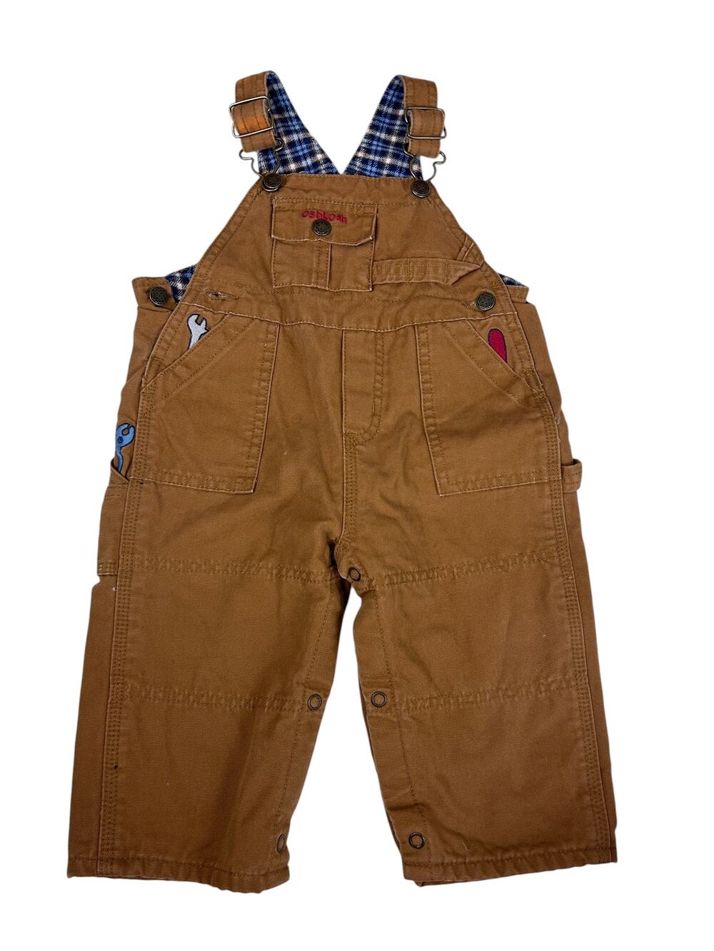 Oshkosh B'Gosh Khaki Denim Blue Plaid Flece Lined Coverall Overalls 6/9 Months
